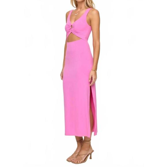NEW L*SPACE camille front loop cutout midi dress in hottest pink - Picture 2 of 4